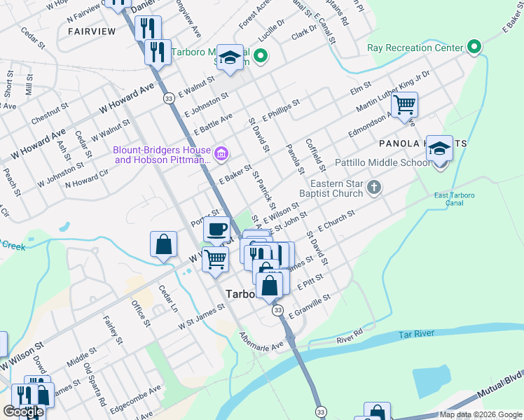 map of restaurants, bars, coffee shops, grocery stores, and more near 701 Saint Andrew Street in Tarboro