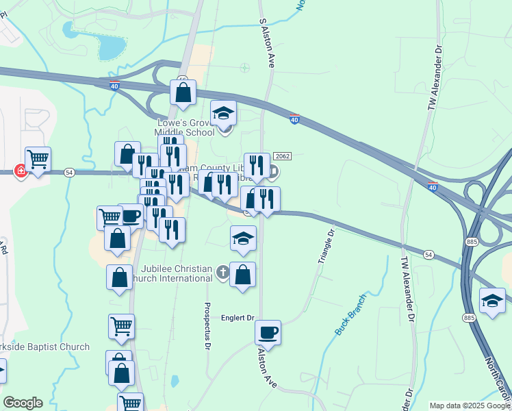 map of restaurants, bars, coffee shops, grocery stores, and more near 2317 North Carolina 54 in Durham