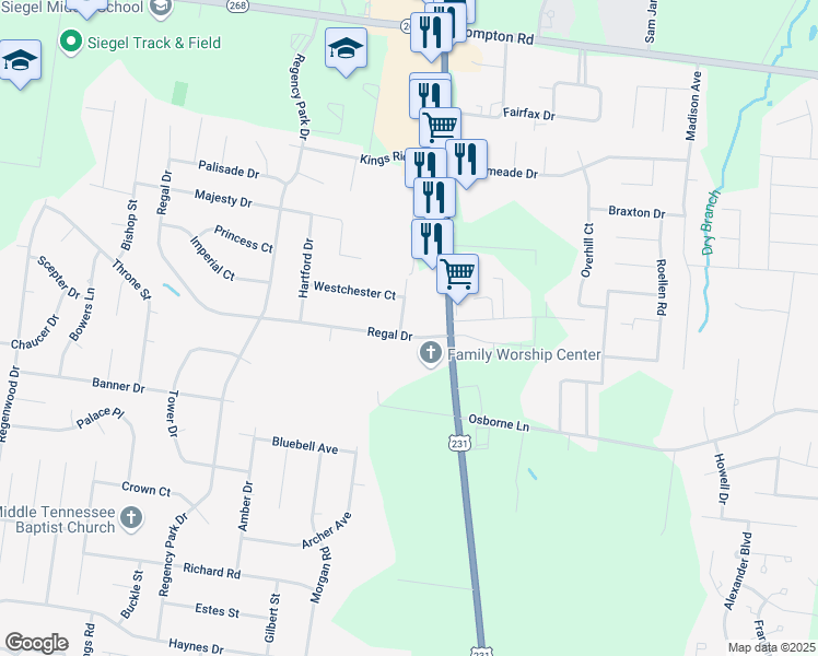 map of restaurants, bars, coffee shops, grocery stores, and more near 3010 Wessex Drive in Murfreesboro