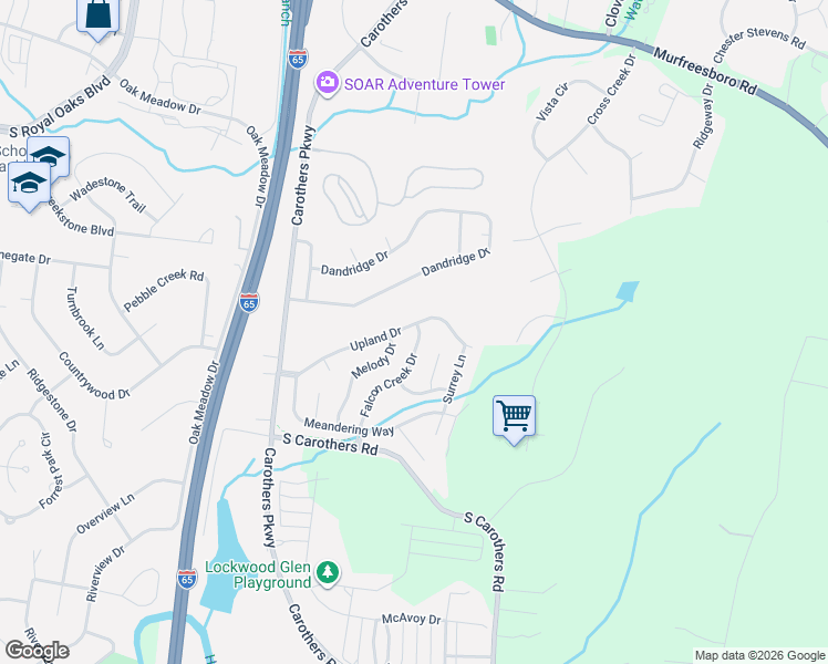 map of restaurants, bars, coffee shops, grocery stores, and more near 2038 Upland Drive in Franklin