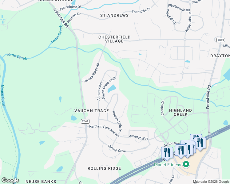 map of restaurants, bars, coffee shops, grocery stores, and more near 3424 Teravista Way in Raleigh