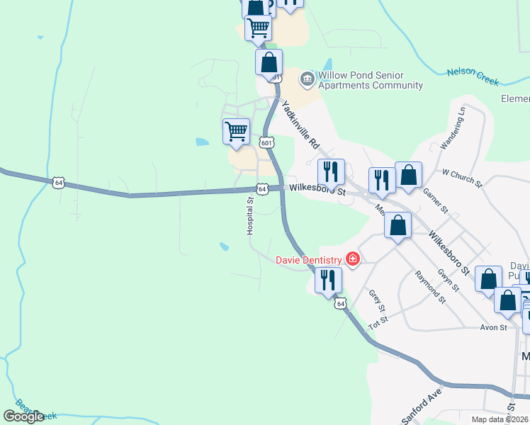 map of restaurants, bars, coffee shops, grocery stores, and more near 682 Valley Road in Mocksville