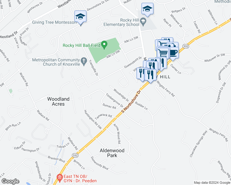 map of restaurants, bars, coffee shops, grocery stores, and more near 1333 Woodridge Drive in Knoxville