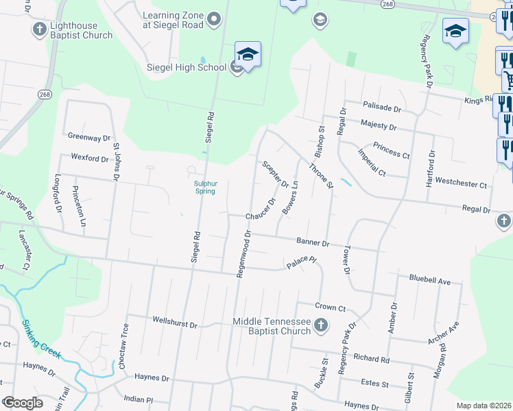 map of restaurants, bars, coffee shops, grocery stores, and more near 2906 Regenwood Drive in Murfreesboro