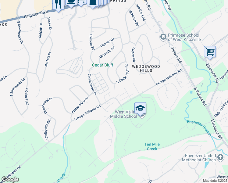 map of restaurants, bars, coffee shops, grocery stores, and more near 735 Elkmont Road in Knoxville