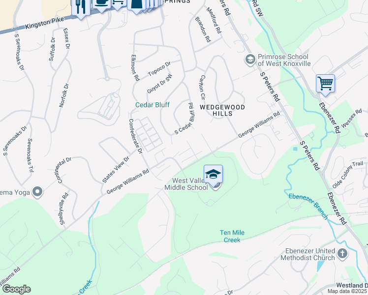 map of restaurants, bars, coffee shops, grocery stores, and more near 411 Bramblewood Lane in Knoxville