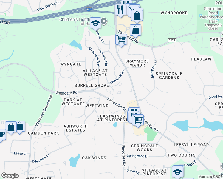 map of restaurants, bars, coffee shops, grocery stores, and more near 8925 Langwood Drive in Raleigh