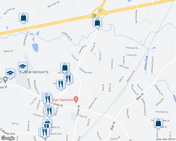 map of restaurants, bars, coffee shops, grocery stores, and more near 107 Kathland Avenue in Thomasville