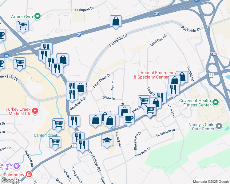 map of restaurants, bars, coffee shops, grocery stores, and more near 208 Pat Road in Knoxville