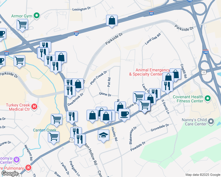map of restaurants, bars, coffee shops, grocery stores, and more near 208 Pat Road in Knoxville