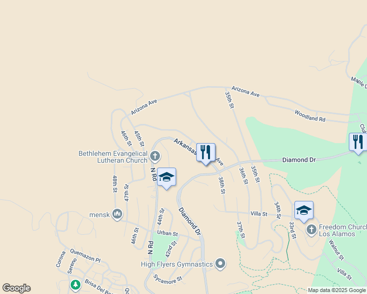 map of restaurants, bars, coffee shops, grocery stores, and more near 4017 Arkansas Avenue in Los Alamos