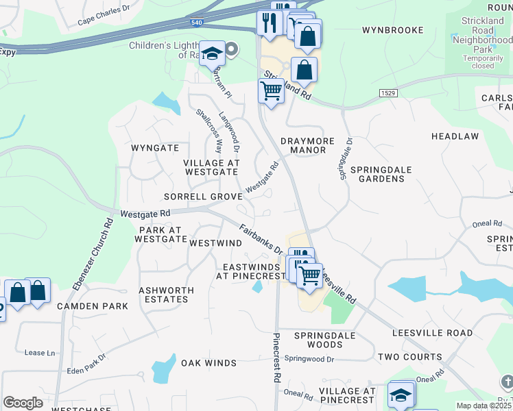 map of restaurants, bars, coffee shops, grocery stores, and more near 8925 Langwood Drive in Raleigh