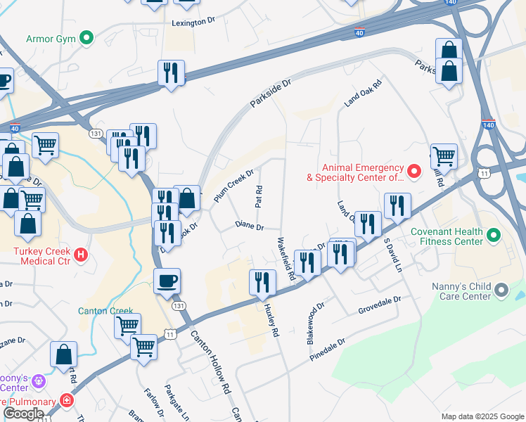 map of restaurants, bars, coffee shops, grocery stores, and more near 208 Pat Road in Knoxville