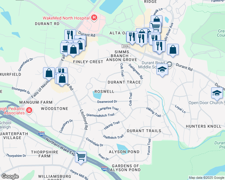 map of restaurants, bars, coffee shops, grocery stores, and more near 2317 Dahlgreen Road in Raleigh