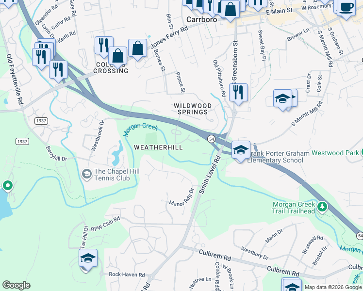 map of restaurants, bars, coffee shops, grocery stores, and more near 108 Friar Lane in Carrboro