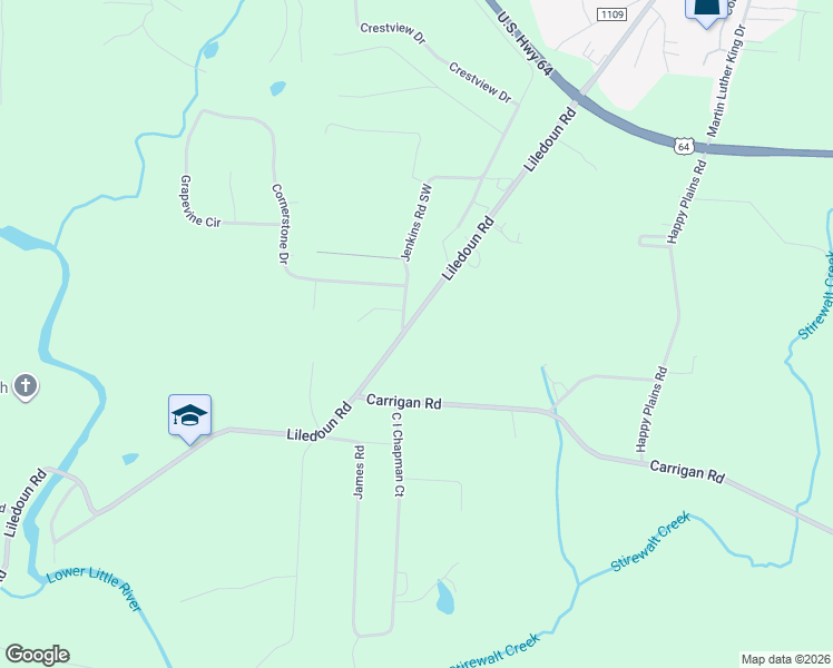 map of restaurants, bars, coffee shops, grocery stores, and more near 1707 Liledoun Road in Taylorsville