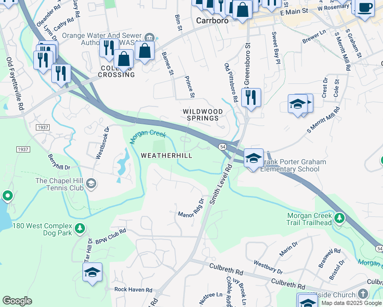 map of restaurants, bars, coffee shops, grocery stores, and more near 110 Friar Lane in Carrboro
