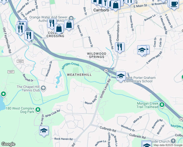 map of restaurants, bars, coffee shops, grocery stores, and more near 110 Friar Lane in Carrboro