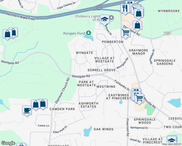map of restaurants, bars, coffee shops, grocery stores, and more near 8601 Colville Court in Raleigh