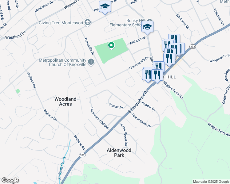 map of restaurants, bars, coffee shops, grocery stores, and more near 1220 Timbergrove Drive in Knoxville