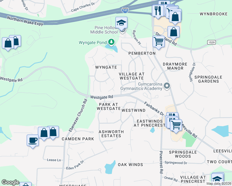 map of restaurants, bars, coffee shops, grocery stores, and more near 8601 Colville Court in Raleigh