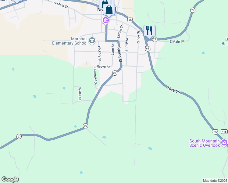 map of restaurants, bars, coffee shops, grocery stores, and more near 117 South Spring in Marshall