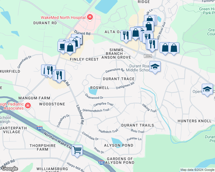 map of restaurants, bars, coffee shops, grocery stores, and more near 2317 Dahlgreen Road in Raleigh