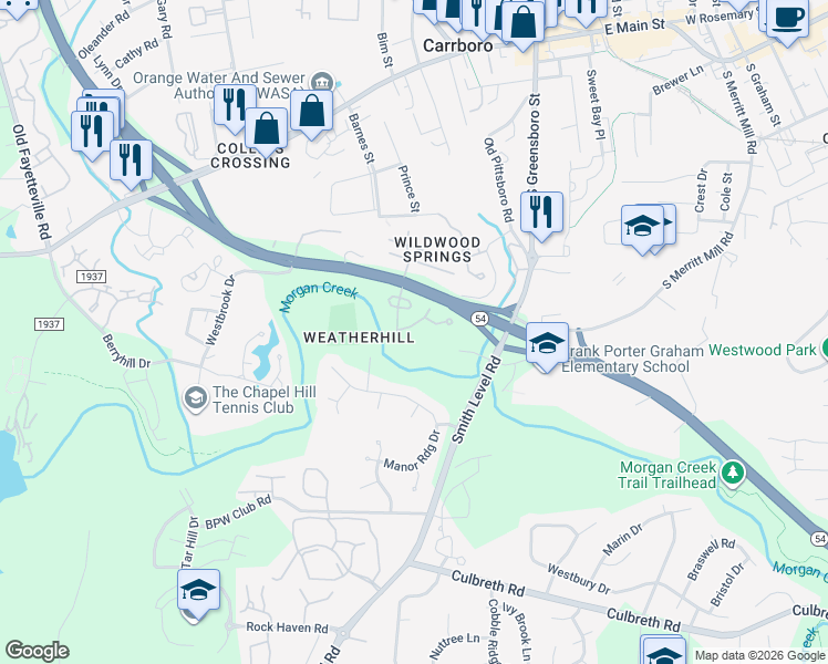 map of restaurants, bars, coffee shops, grocery stores, and more near 108 Friar Lane in Carrboro