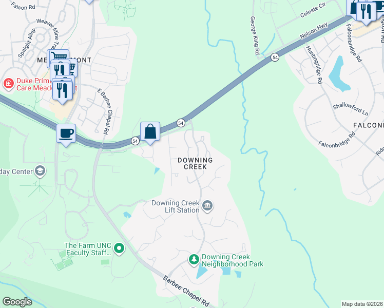 map of restaurants, bars, coffee shops, grocery stores, and more near 103 Nottingham Lane in Chapel Hill