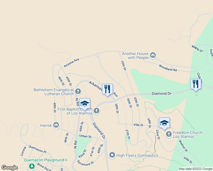 map of restaurants, bars, coffee shops, grocery stores, and more near 3974 Alabama Avenue in Los Alamos