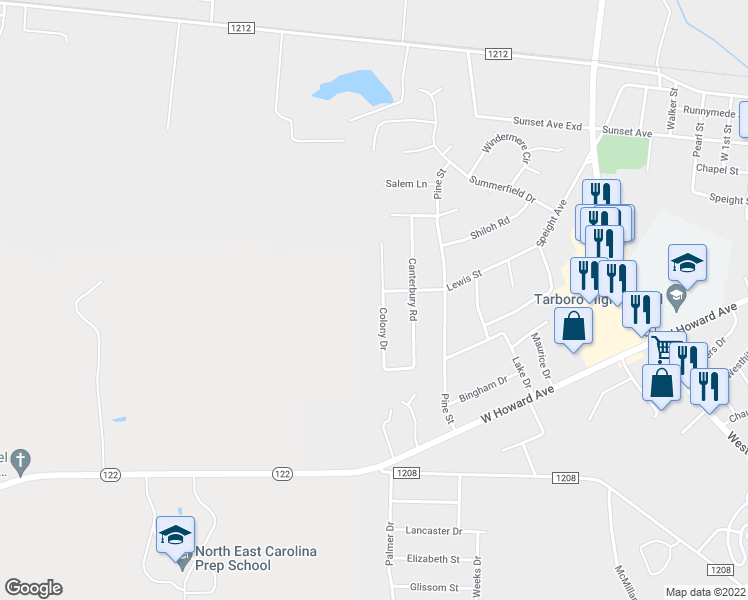 map of restaurants, bars, coffee shops, grocery stores, and more near 1516 Colony Drive in Tarboro
