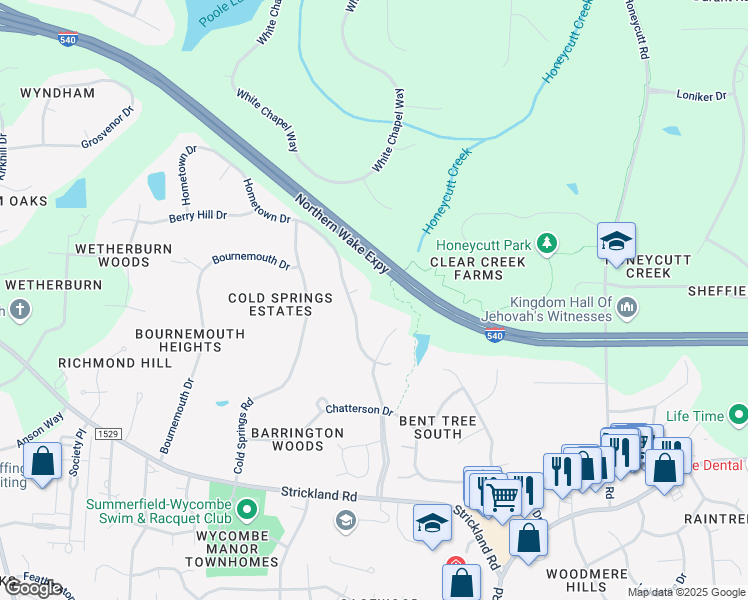 map of restaurants, bars, coffee shops, grocery stores, and more near 204 Veranda Court in Raleigh