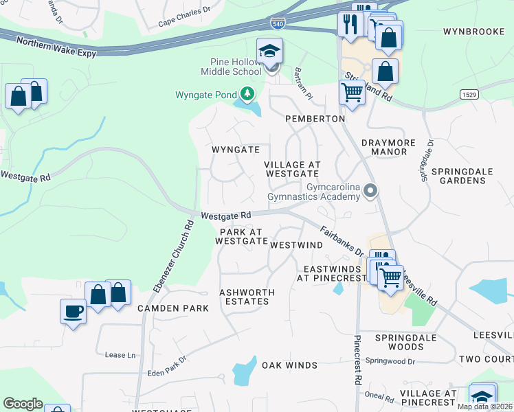 map of restaurants, bars, coffee shops, grocery stores, and more near 8601 Colville Court in Raleigh