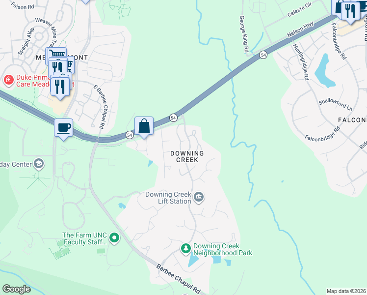 map of restaurants, bars, coffee shops, grocery stores, and more near 103 Nottingham Lane in Chapel Hill