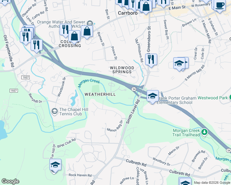 map of restaurants, bars, coffee shops, grocery stores, and more near 108 Friar Lane in Carrboro