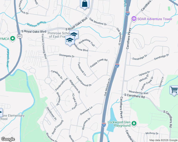 map of restaurants, bars, coffee shops, grocery stores, and more near 216 Turnbrook Lane in Franklin