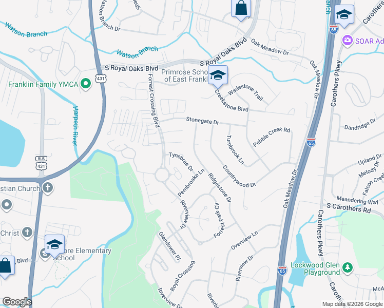 map of restaurants, bars, coffee shops, grocery stores, and more near 521 Ridgestone Drive in Franklin