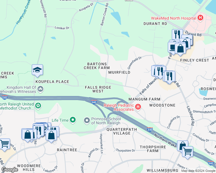 map of restaurants, bars, coffee shops, grocery stores, and more near 8817 Stonegate Drive in Raleigh