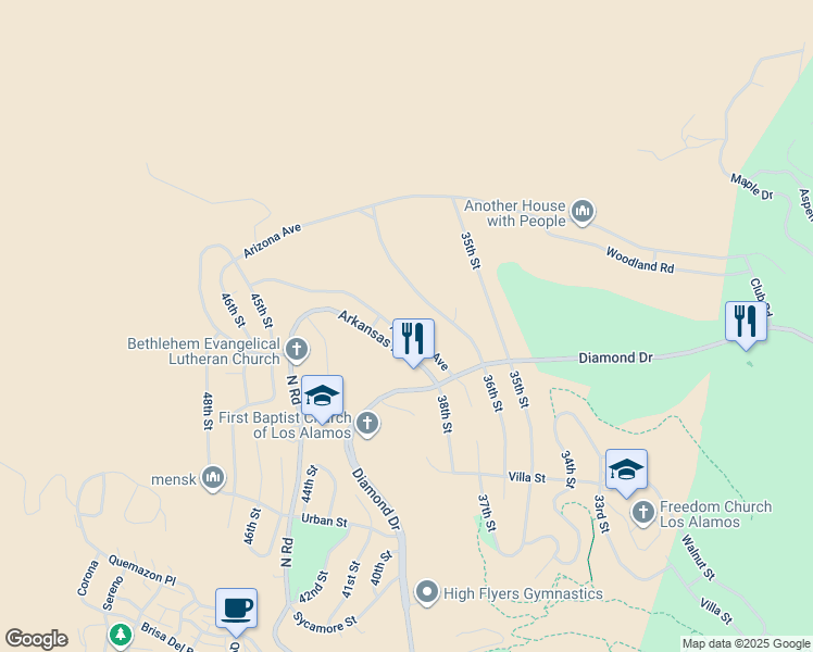 map of restaurants, bars, coffee shops, grocery stores, and more near 3974 Alabama Avenue in Los Alamos