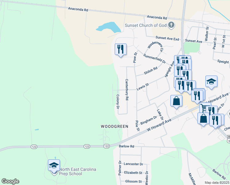 map of restaurants, bars, coffee shops, grocery stores, and more near 1516 Colony Drive in Tarboro
