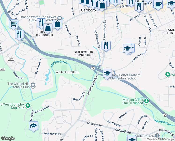 map of restaurants, bars, coffee shops, grocery stores, and more near 126 Chaucer Court in Carrboro