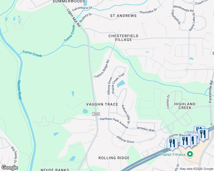map of restaurants, bars, coffee shops, grocery stores, and more near 3468 Althorp Drive in Raleigh