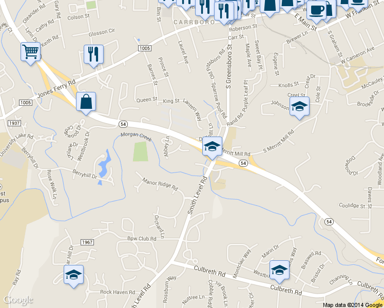 map of restaurants, bars, coffee shops, grocery stores, and more near 126 Chaucer Court in Carrboro