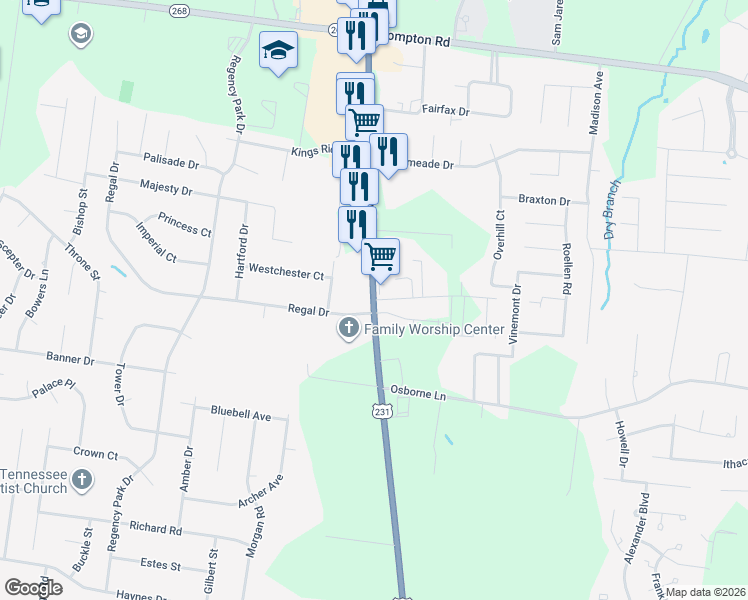 map of restaurants, bars, coffee shops, grocery stores, and more near 3208 Memorial Boulevard in Murfreesboro