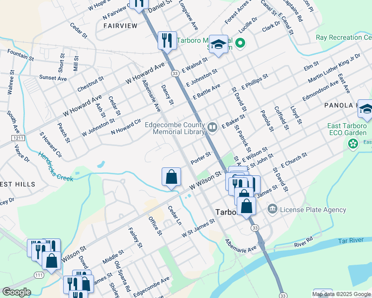 map of restaurants, bars, coffee shops, grocery stores, and more near 205 West Baker Street in Tarboro