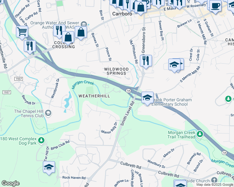 map of restaurants, bars, coffee shops, grocery stores, and more near 122 Chaucer Court in Carrboro