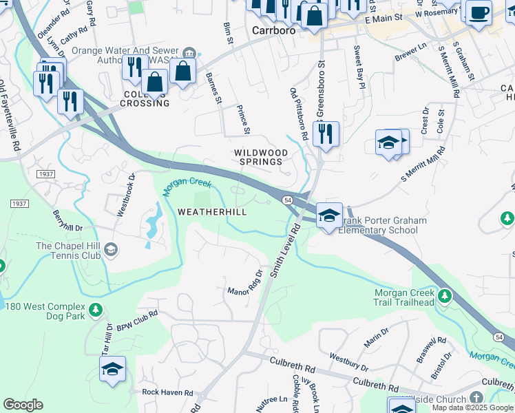 map of restaurants, bars, coffee shops, grocery stores, and more near 108 Friar Lane in Carrboro