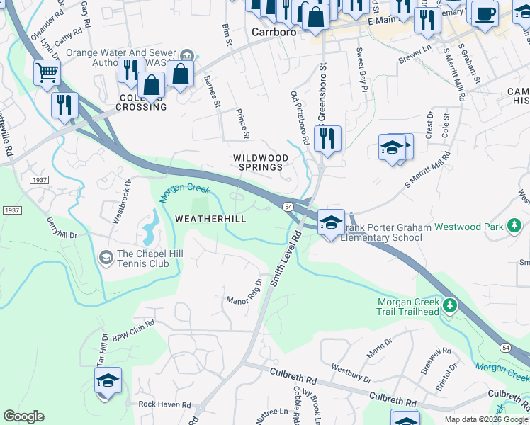 map of restaurants, bars, coffee shops, grocery stores, and more near 122 Chaucer Court in Carrboro