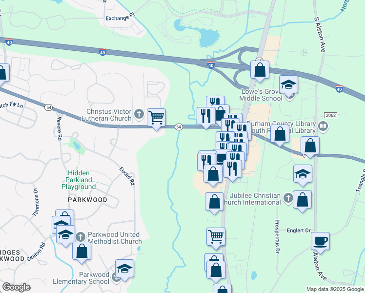 map of restaurants, bars, coffee shops, grocery stores, and more near 1822 Apex Highway in Durham