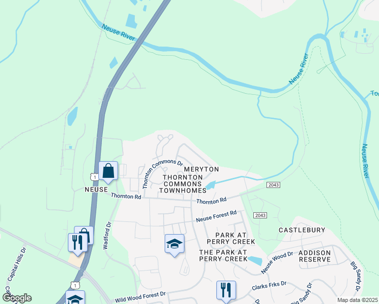 map of restaurants, bars, coffee shops, grocery stores, and more near 5369 Meryton Park Way in Raleigh